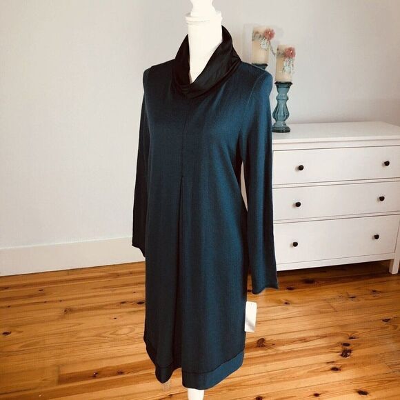 Whyci Milano Teal Lana Wool Knit Sweater Dress EU 44 US L Cowl NEW - Picture 5 of 12